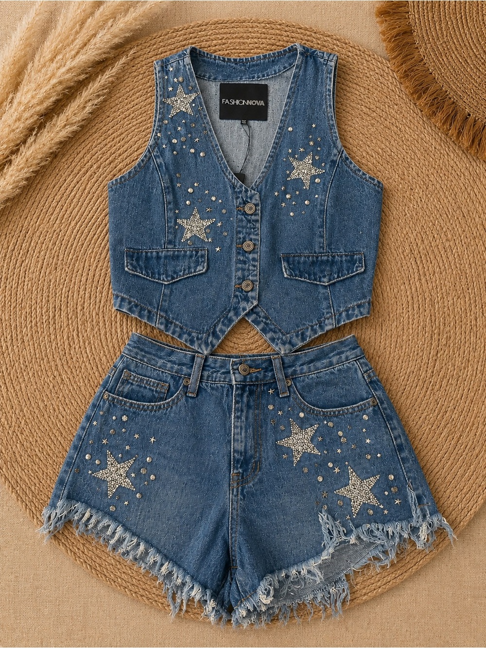 Fashion Nova Blue Denim Star-Embellished Jean Shorts Set